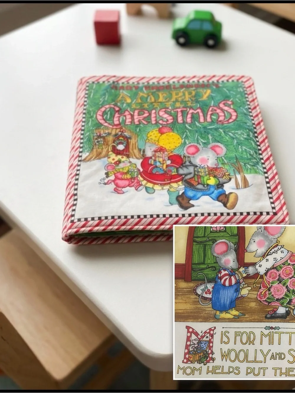 Mary Engelbreit Holiday Green Red Mouse Book Plate Fabric Kids Nursery Book 10”